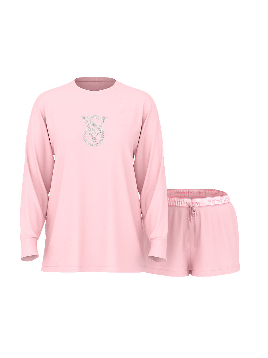 Buy 100% Cotton Shine Long-Sleeve Short Pajama Set, Pink - Order Pajamas Sets online - Victoria's... | Victoria's Secret (US / CA )