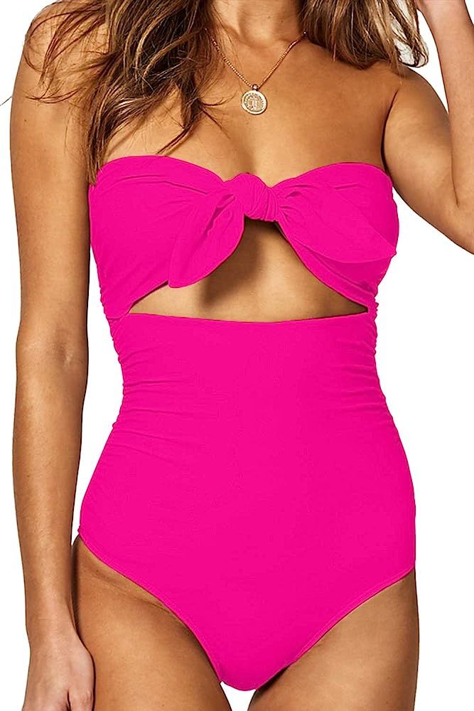 Womens Sexy Strapless Tie Knot Front High Waist One Piece Swimsuit | Amazon (US)
