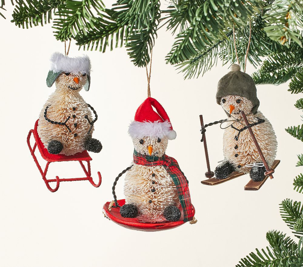 Bottlebrush Snowman Ornaments, Set of 3 | Pottery Barn Kids