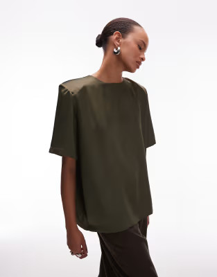 ASOS DESIGN oversized satin t-shirt with shoulder pads in olive green | ASOS | ASOS (Global)