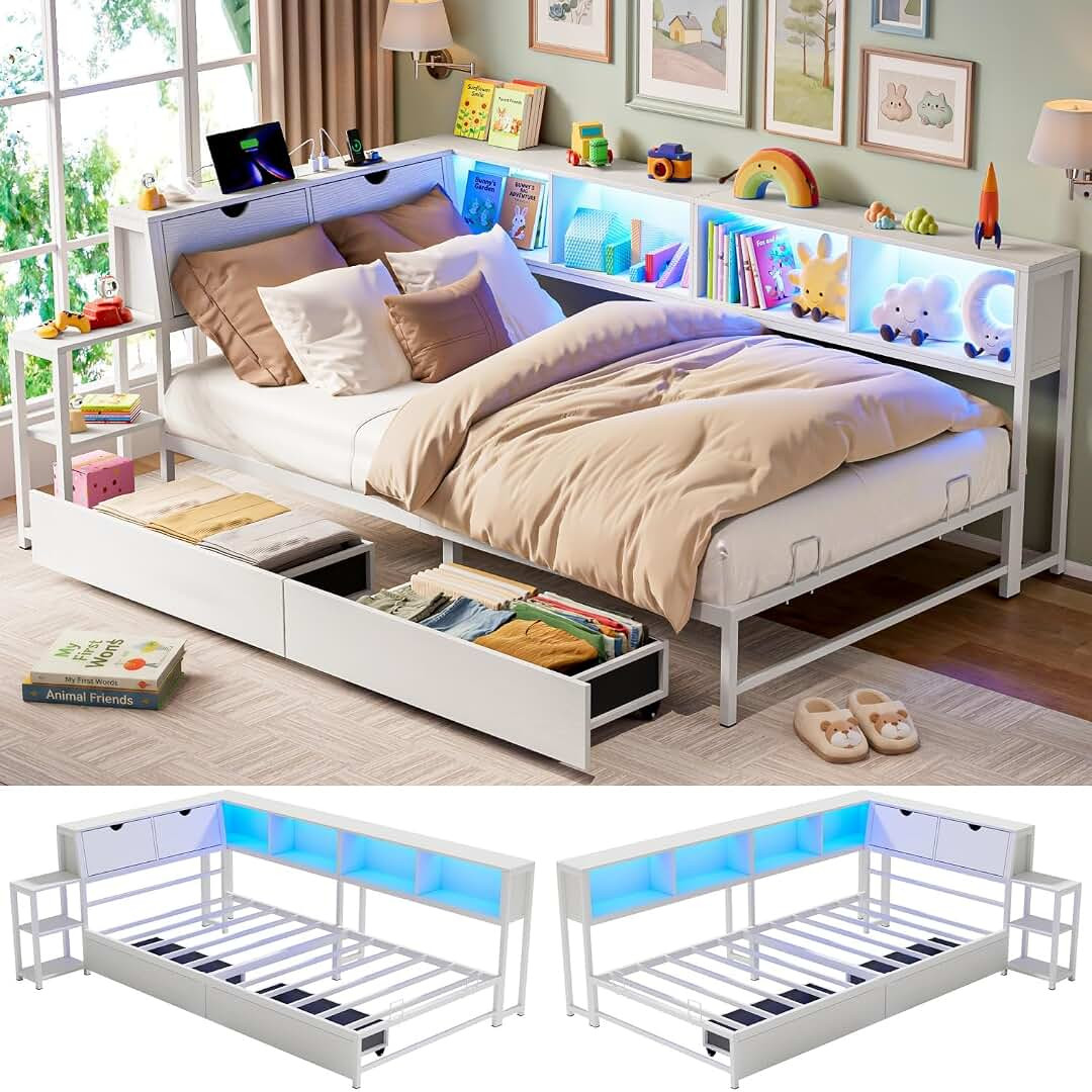 Twin Corner Bed Frame with Storage Drawers and Bookcase Hidden Headboard, Charging Station and Led Lights, Farmhouse Wood Daybed for Kids Teens, No Box Spring Needed,Wood | Amazon (US)