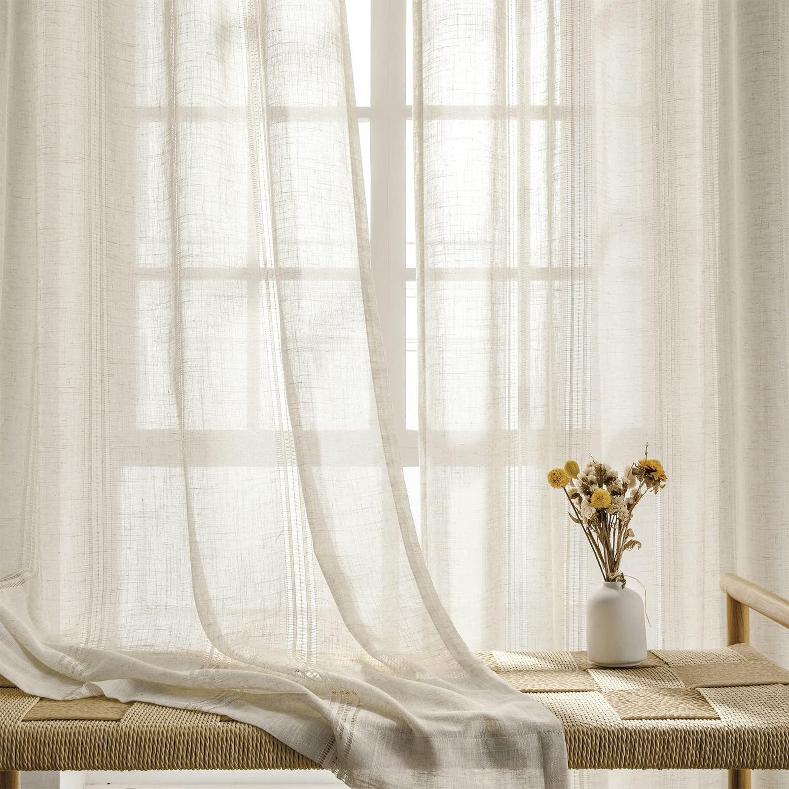 LAIFUCAM Linen Sheer Curtain 84 inches Length Rod Pocket Semi Sheer Privacy Light Filtering Window Treatment 2 Panels 52 inches Width Natural | Lowe's