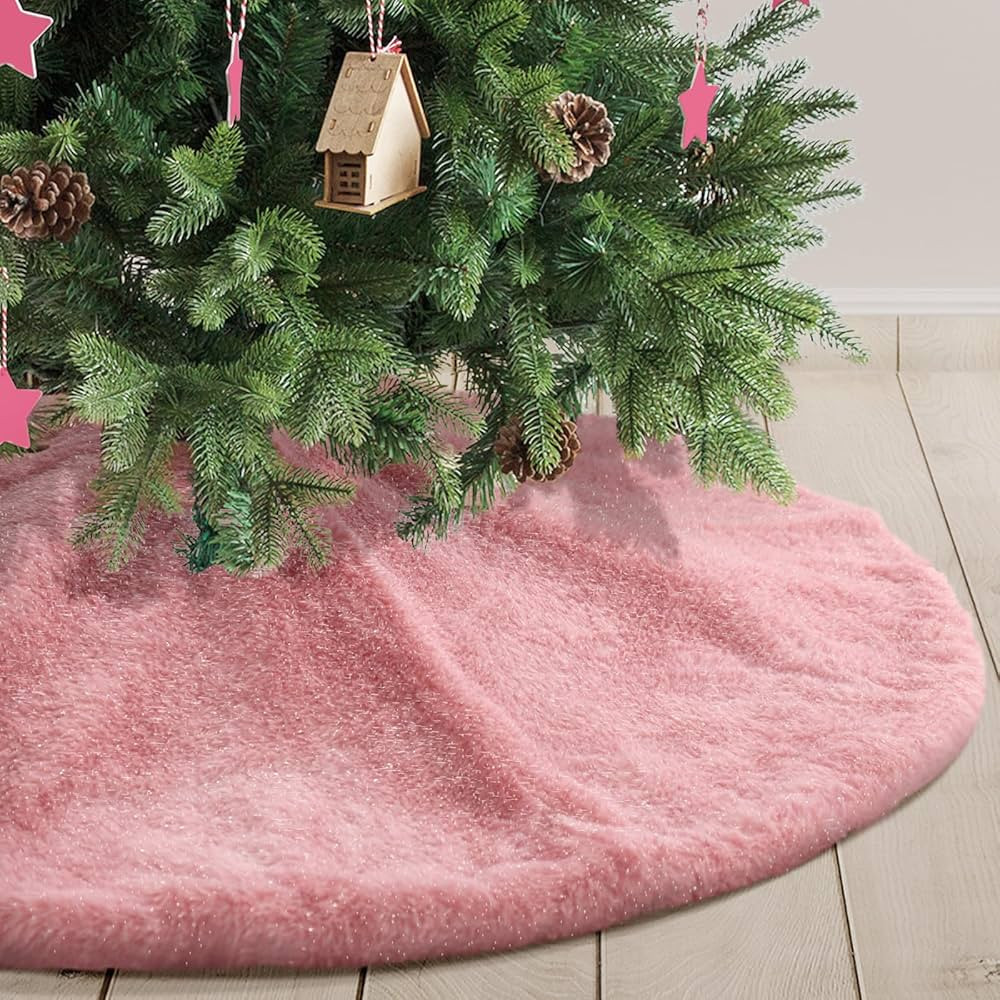 36 Inches Christmas Tree Plush Skirt Pink Faux Fur Xmas Tree Skirt Base Cover Mat with Shiny Stre... | Amazon (US)