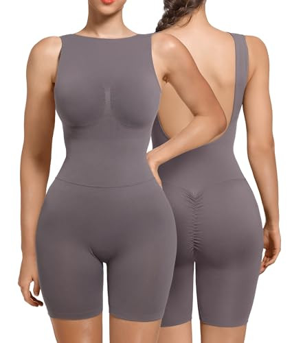 SHAPERX Mid Thigh Jumpsuits for Women Low Back Onesie Seamless Rompers Stretchy Bodycon Outfits,SZ5340-Darkgray-L/XL | Amazon (US)