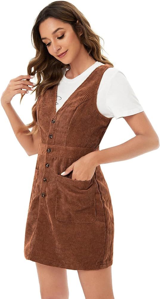 Floerns Women's V Neck Sleeveless Corduroy Button Pinafore Overall Mini Dress | Amazon (US)