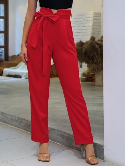 Double Crazy Notched Waist Belted Fold Pleat Pants | SHEIN