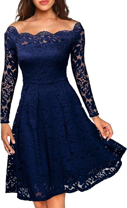 MISSMAY Women's Vintage Floral Lace Long Sleeve Boat Neck Cocktail Party Swing Dress | Amazon (US)