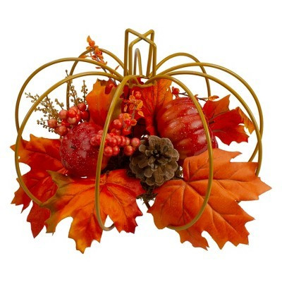 Northlight Maple Leaves and Berries Pumpkin-Shaped Open Wire Fall Harvest Centerpiece - 15" | Target