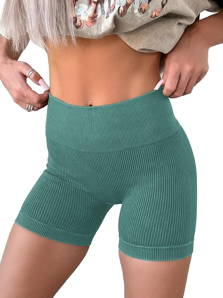 KINLONSAIR Women's High Waist Yoga Workout Impact Shorts Ribbed Seamless Workout Athletic Legging... | Amazon (US)