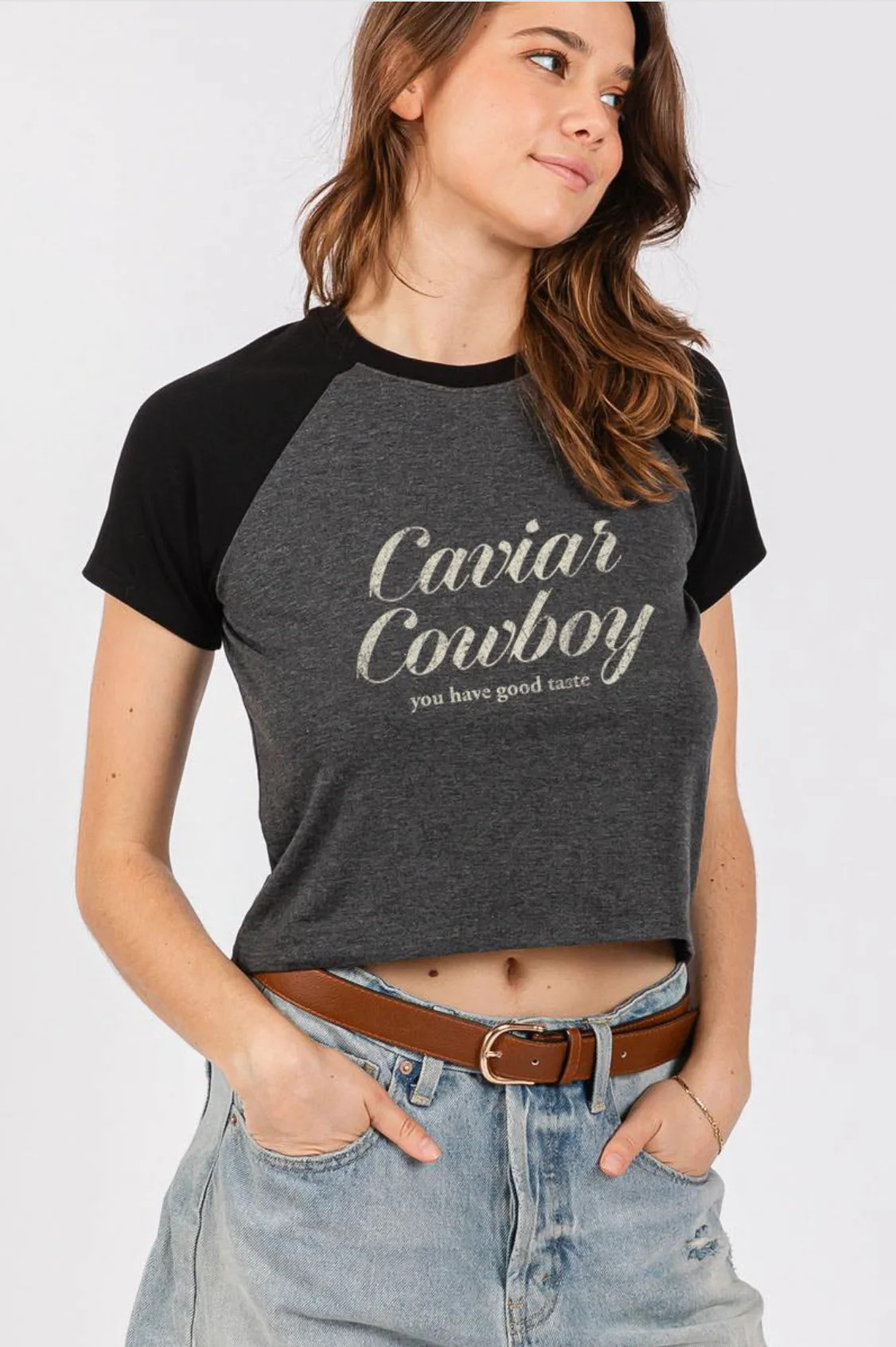 NEW!! Cowboy Caviar Cropped Contrast Tee | Glitzy Bella