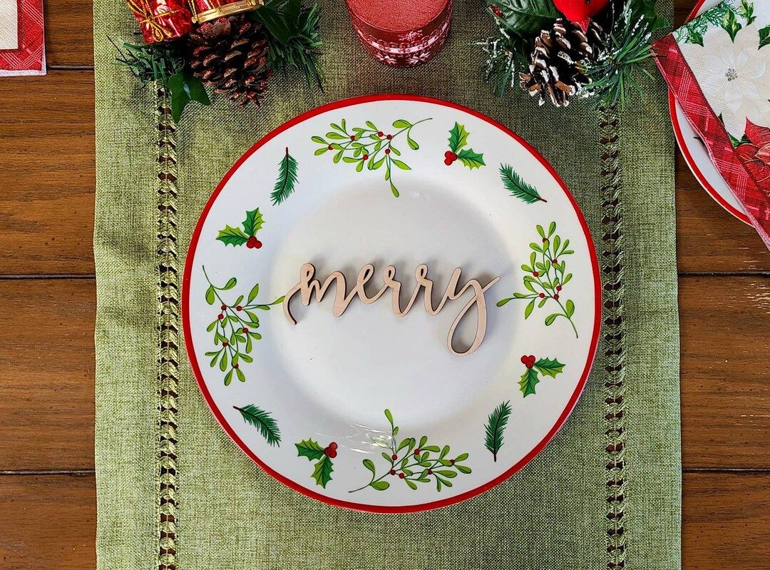 Merry Place Cards, Christmas Plate cards, Christmas Wooden Word, Holiday Decor, Christmas Place s... | Etsy (US)