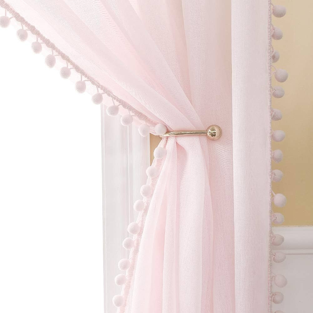 MIULEE 2 PCs Linen Textured Pink Window Sheer Curtains 84 Inches with Pom Pom for Bedroom Living ... | Amazon (US)