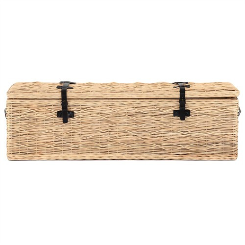 Open Box Jayden Coastal Natural Brown Woven Rattan Black Leather Buckle Trunk | Kathy Kuo Home