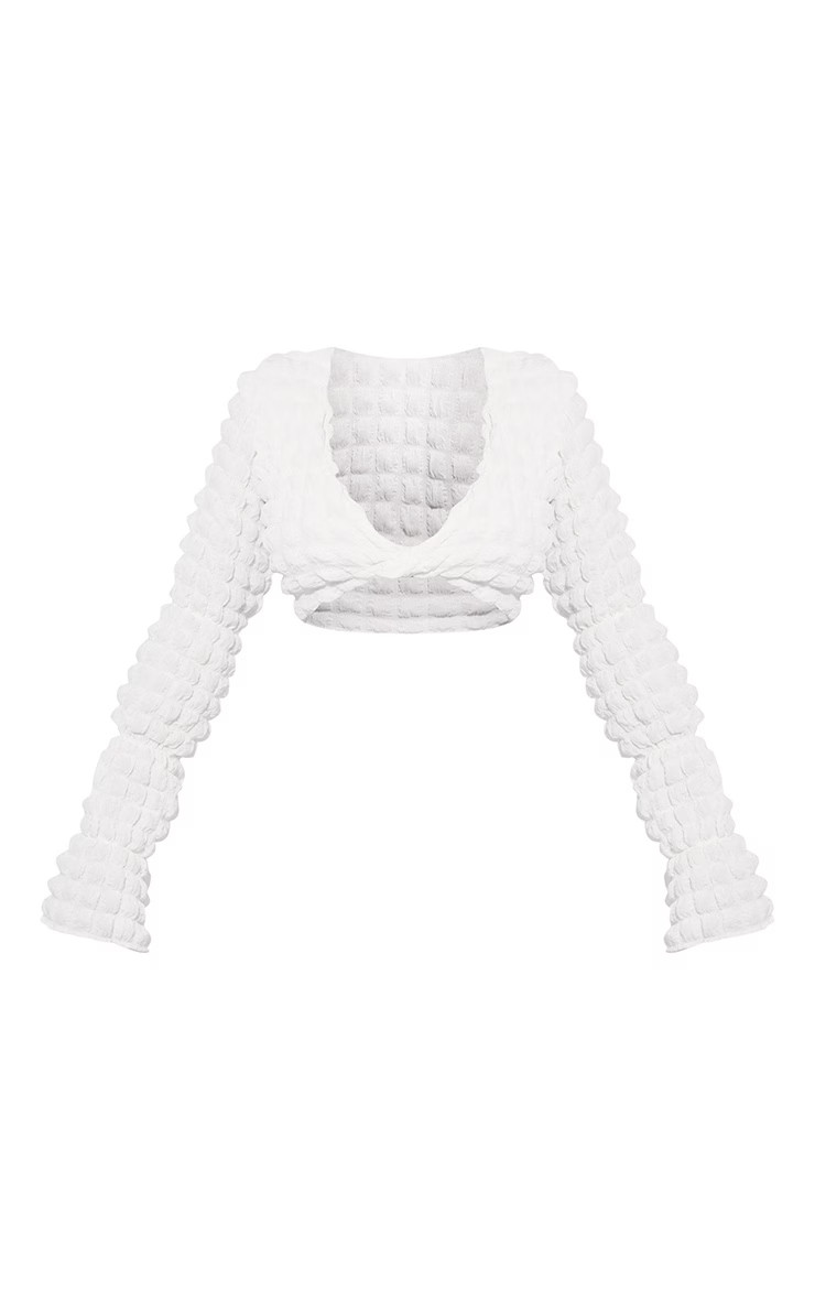Plt Ivory Bubble Textured Long Sleeve Beach Top | PrettyLittleThing US