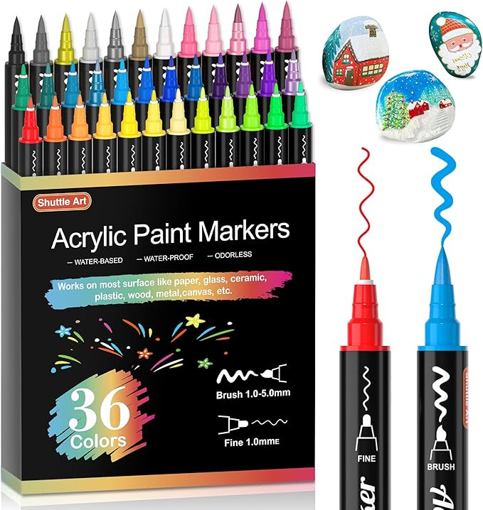 Shuttle Art 36 Colors Dual Tip Acrylic Paint Markers, Brush and Fine Tip for Rock Painting, Ceram... | Amazon (US)