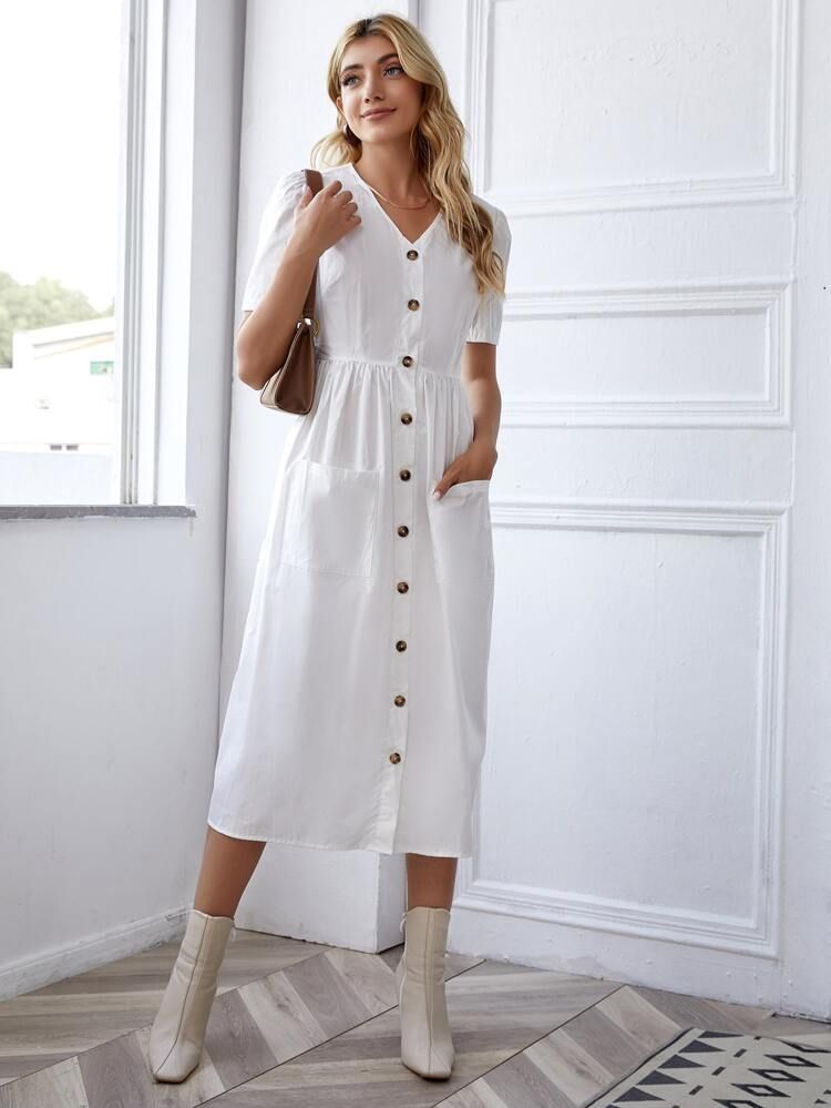 Button Front Double Pocket Dress | SHEIN