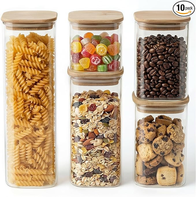Airtight Glass Pantry Storage Containers with Bamboo Lids, 5 Pack Stackable Food Storage Jars for... | Amazon (US)
