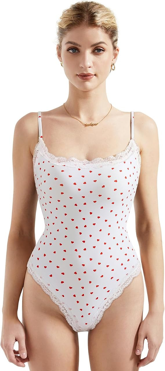 SUUKSESS Women Square Neck Lace Bodysuit Sleeveless Spaghetti Strap Tank Top | Amazon (US)