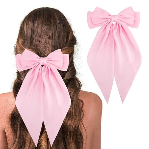 Pink Hair Bows for Women Satin Silk Hair Bow Hair Ribbons Oversized Long Tail Bow Hair Clips Large Hair Ribbon Barrettes Metal Clips Bowknot Cute Girls Hair Accessories | Amazon (US)