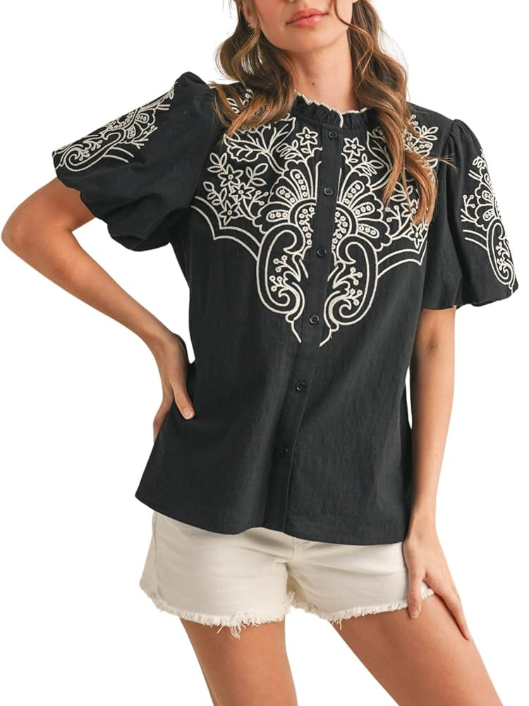 Womens Floral Embroidered Button Down Bubble Sleeve Top High Ruffled Neckline Blouses Shirts | Amazon (US)