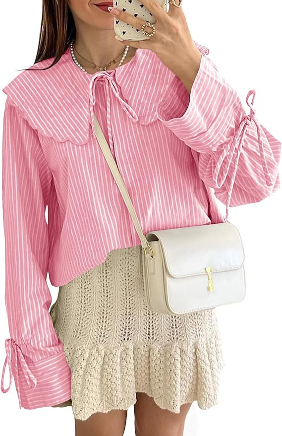 Tankaneo Womens Striped Button Down Shirts Long Sleeve Peter Pan Collar Tie Front Tops Cute Blous... | Amazon (US)