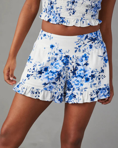 Concord Floral Ruffle Hem Shorts - White | VICI