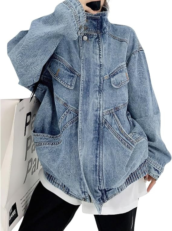 chouyatou Women's Oversized Stand Collar Shacket Jean Jacket Zip Up Distressed Frayed Denim Jacke... | Amazon (US)