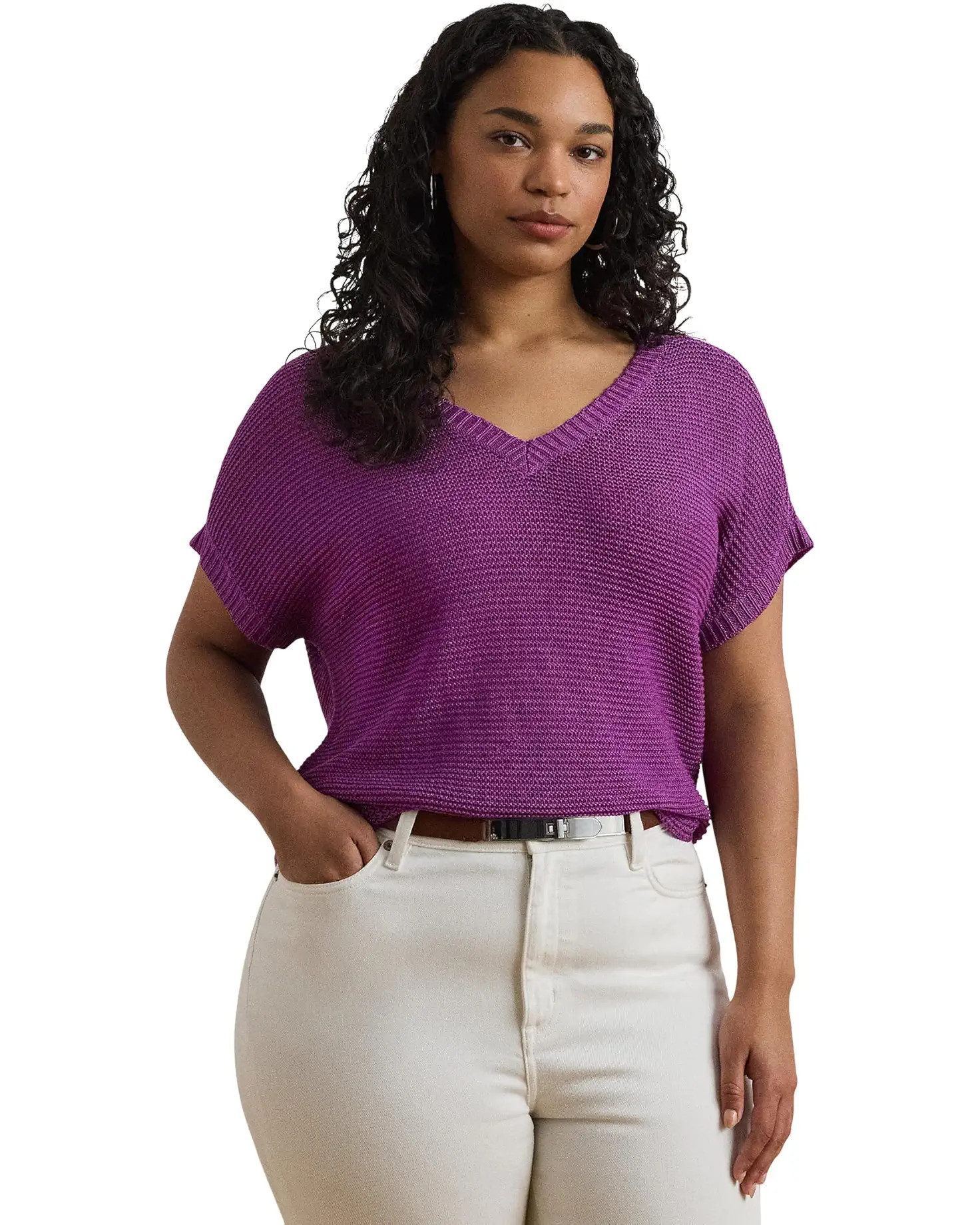 Plus Size Linen-Blend Short-Sleeve V-Neck Sweater | Zappos