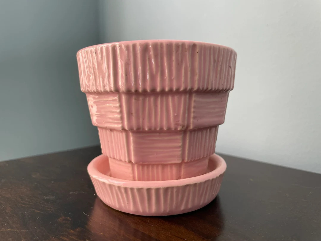Vintage Mccoy Pottery Small Planter Basket Weave Attached Saucer Pink - Etsy | Etsy (US)