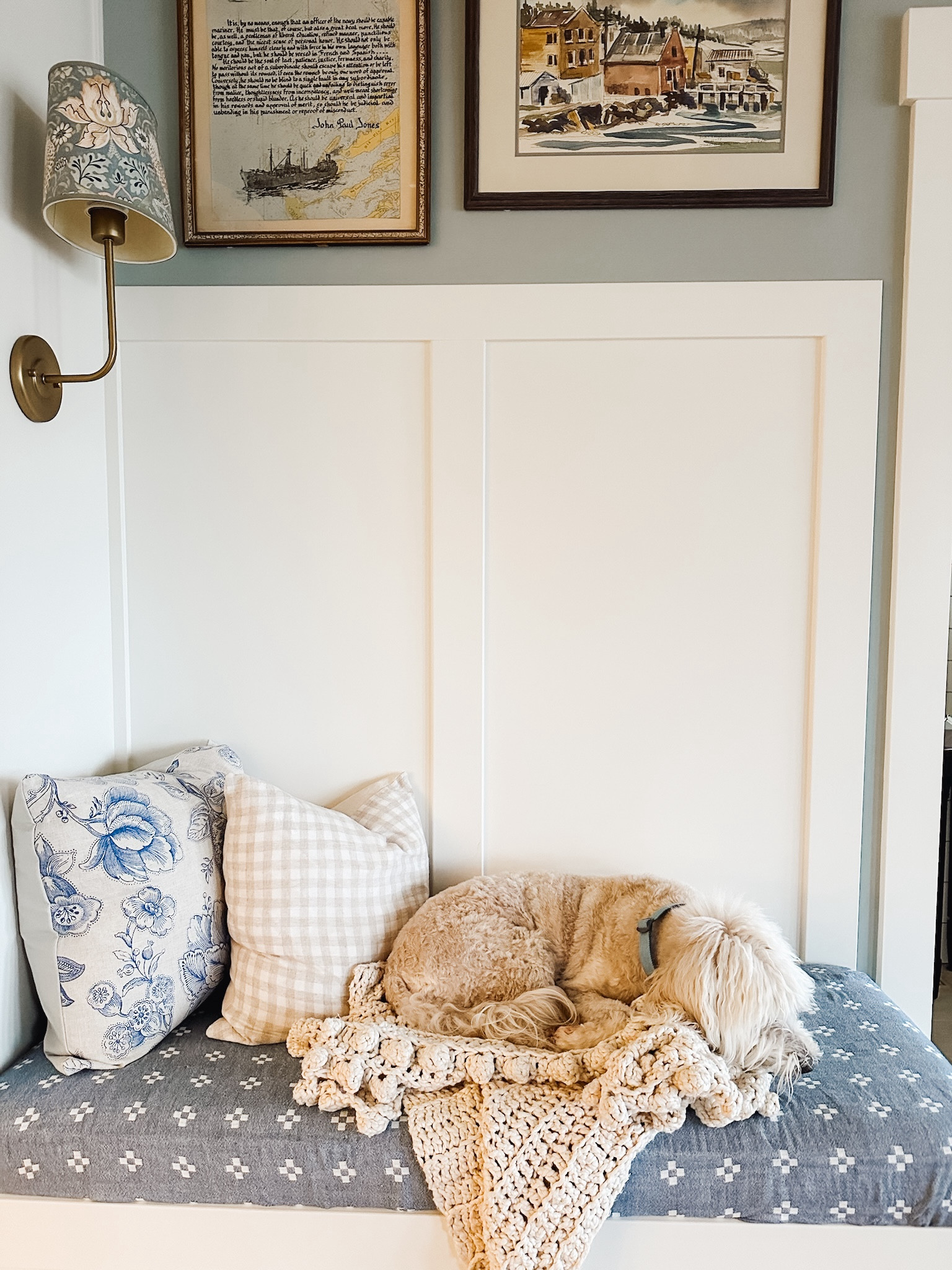 Built in bench, gingham pillow, brass sconce (also comes in black), pattered shade, blue and white cross blanket 

#LTKhome #LTKsalealert #LTKstyletip