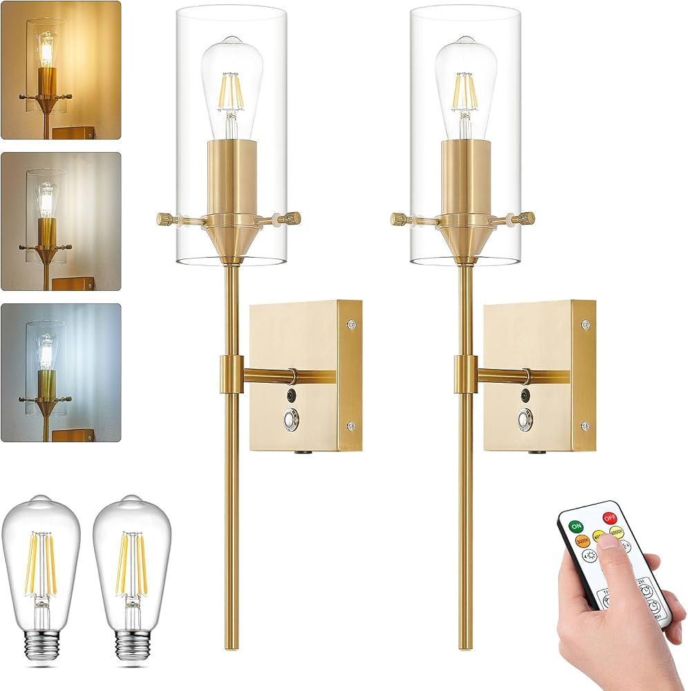 Battery Operated Wall Sconce Set of 2 With Remote, Rechargeable Wall Lights Includes 3-Color Bulb... | Amazon (US)