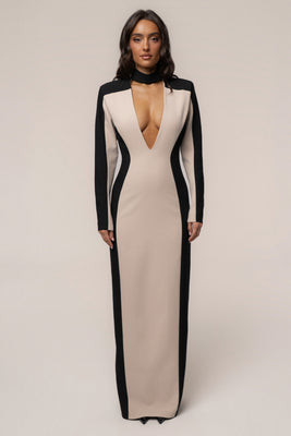 Stone/Black Opening Night Contrast Maxi Dress | JLUXLABEL US