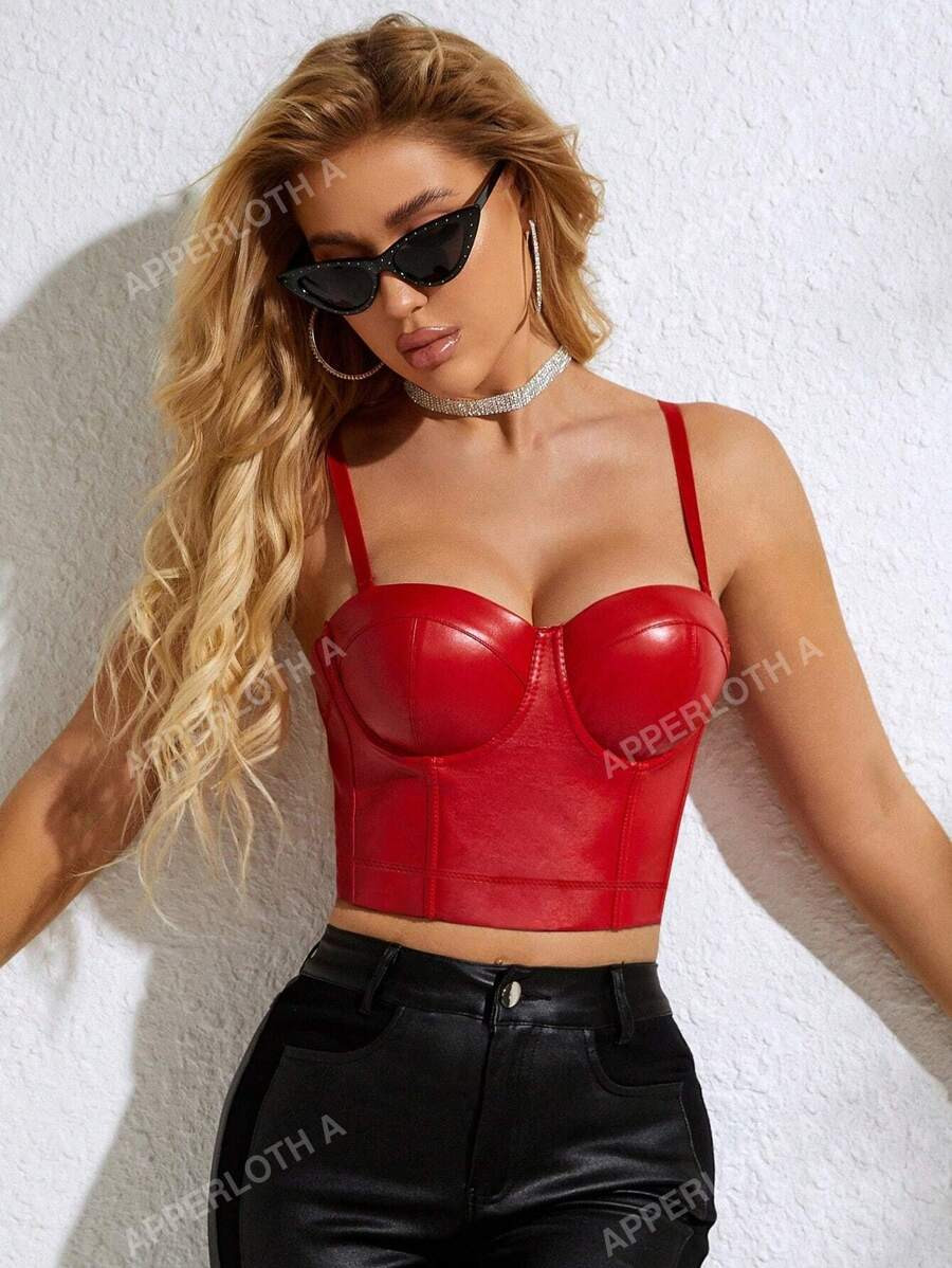 Apperloth A Rave Valentine's Day Spaghetti Strap PU Leather Corset Bustier Crop Cami Top | SHEIN