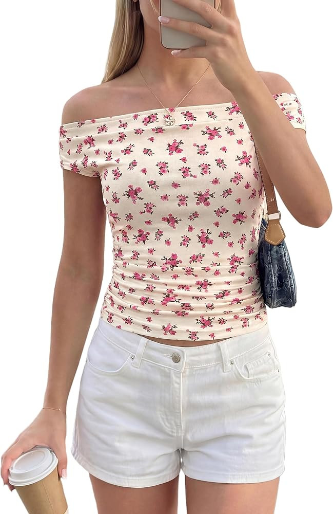 PRETTYGARDEN Womens Off The Shoulder Tops 2026 Summer Y2K Clothes Going Out Shirts Ruched Tank To... | Amazon (US)