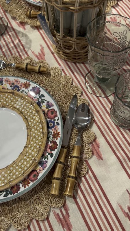 Juliska melamine cups and plates 
Place setting cane dinner plate green acrylic tumbler goblet drink glassware flatware bamboo rattan floral grandmillennial 

#LTKFind #LTKstyletip #LTKhome