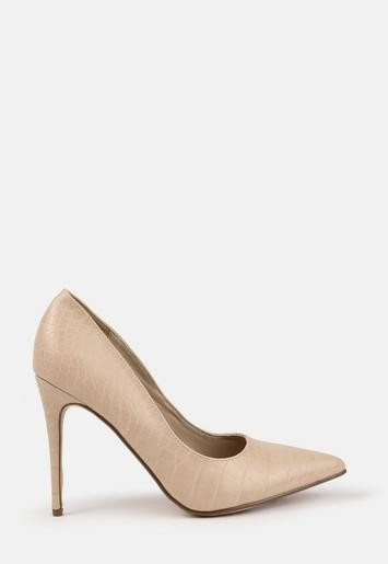 Missguided - Cream Pointed Toe Mock Croc High Heeled Court Shoes | Missguided (UK & IE)