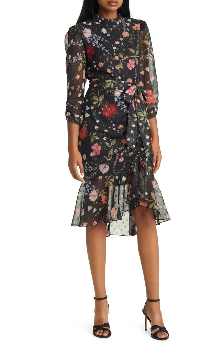 Floral Metallic Detail Long Sleeve Body-Con Chiffon Dress | Nordstrom