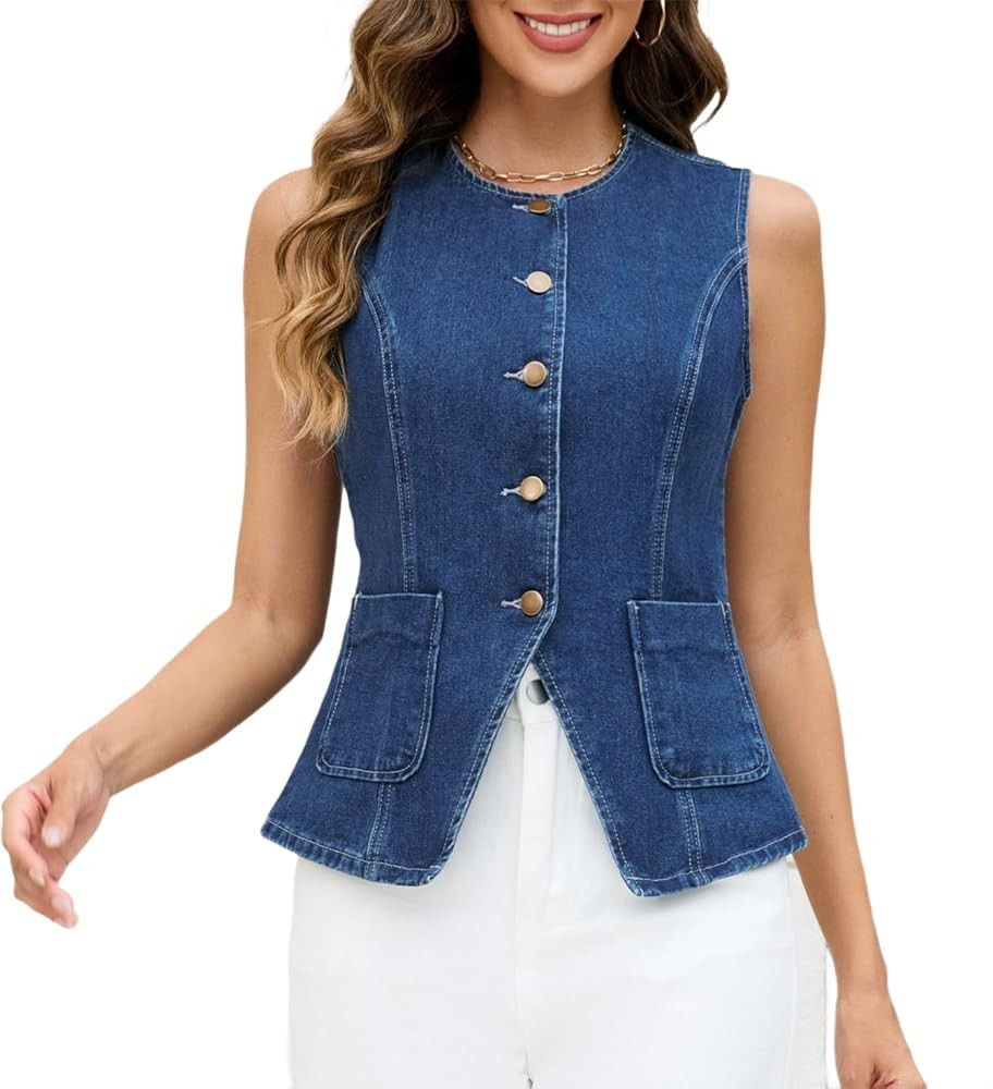 Ladyful Womens Denim Vest Top Sleeveless Jean vest Button Down Western Denim Waistcoat Suit Top | Amazon (US)