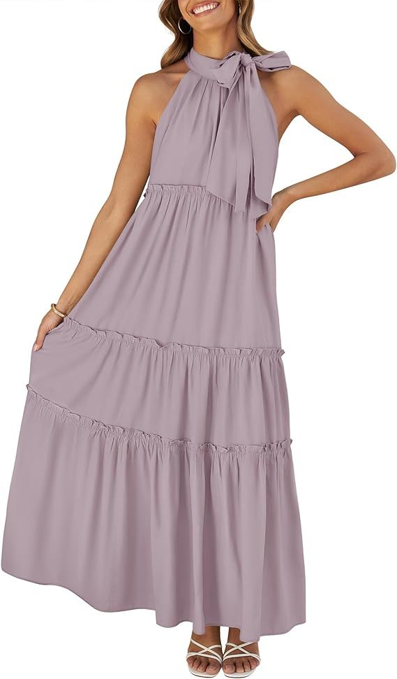 ZESICA Womens Summer Boho Halter Maxi Dresses 2024 Casual Sleeveless Pleated Tiered Flowy Beach V... | Amazon (US)