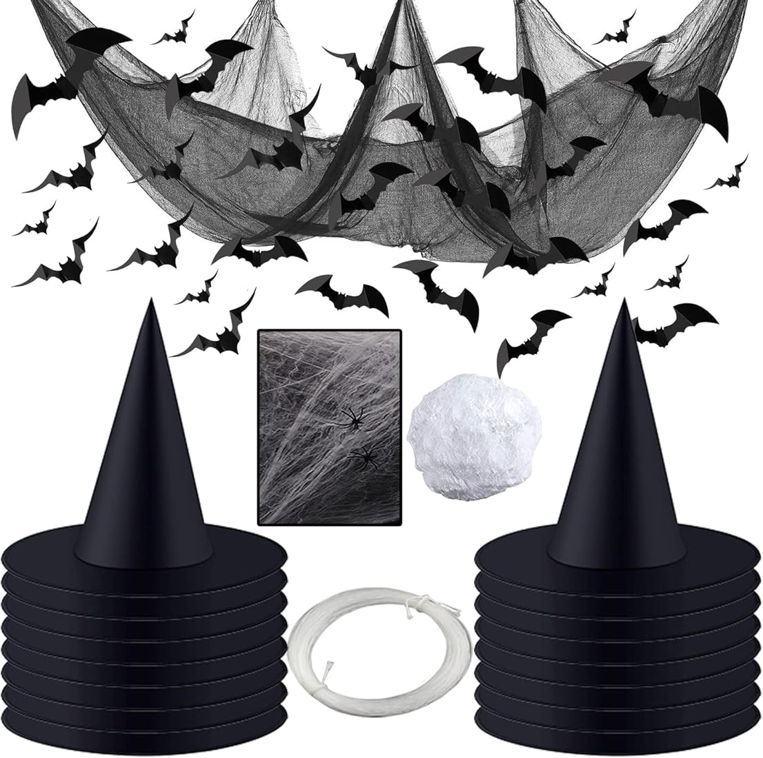 Halloween Witch Hats With Accessories – 16 Witches Hats, 48 Pieces 3d Bats, 1 Roll Hanging Rope... | Amazon (US)