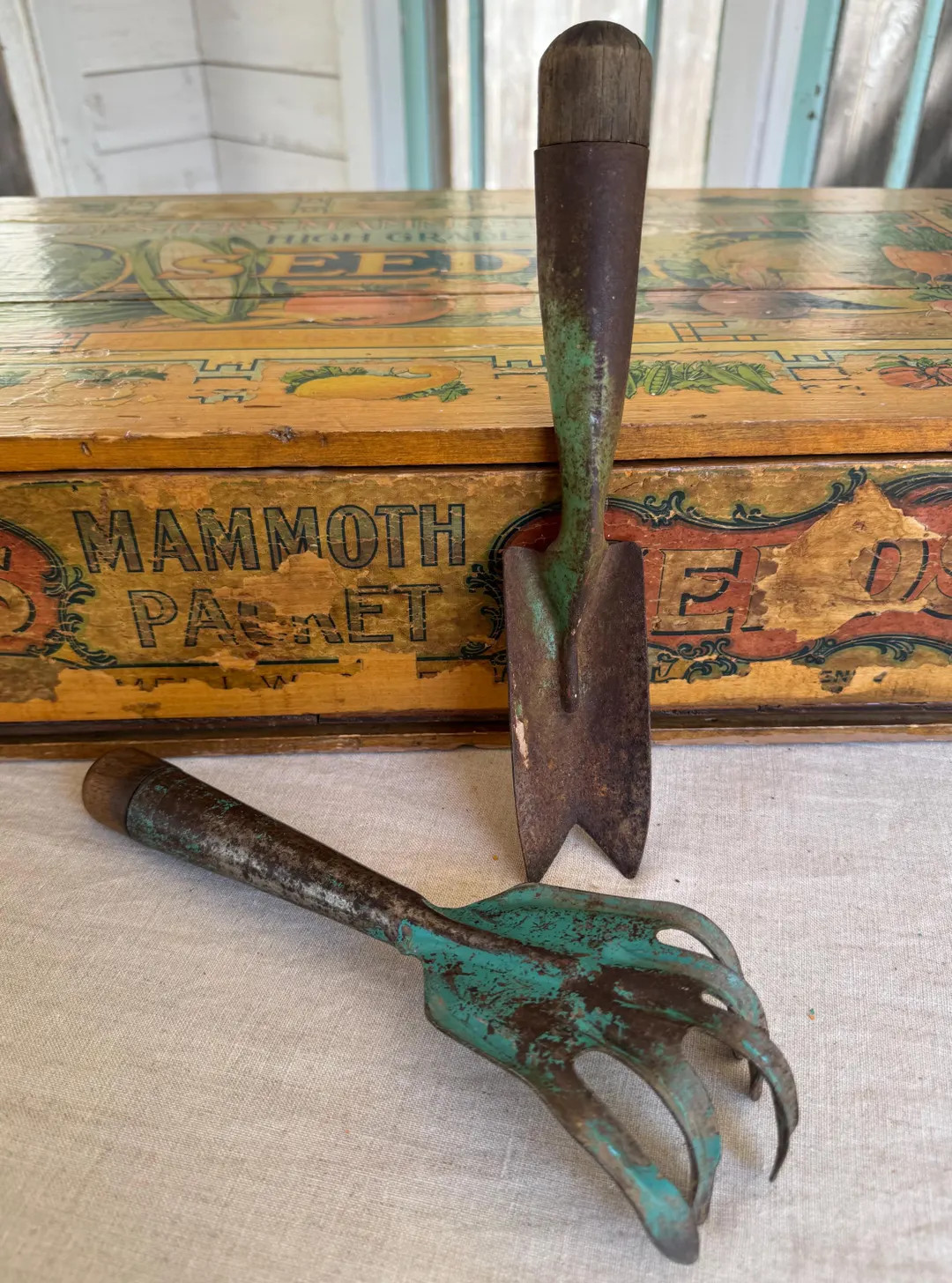 2 - Vintage Gardening Tools / Claw With Worn Teal Blue Paint W/ Rust / Hand Trowel With Old Green... | Etsy (US)