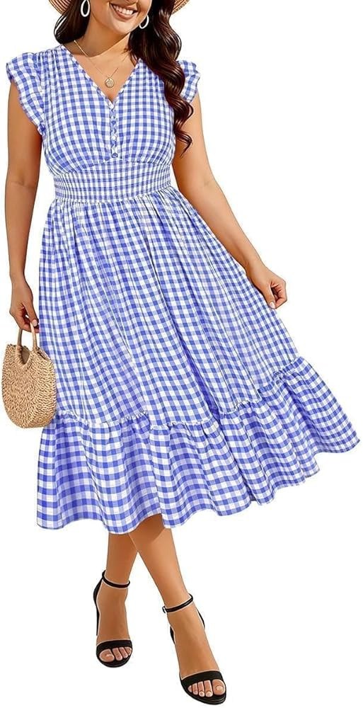 RITERA Womens Plus Size Summer Dresses V Neck Boho Floral Midi Dress Ruffle Sleeve Smocked Casual... | Amazon (US)