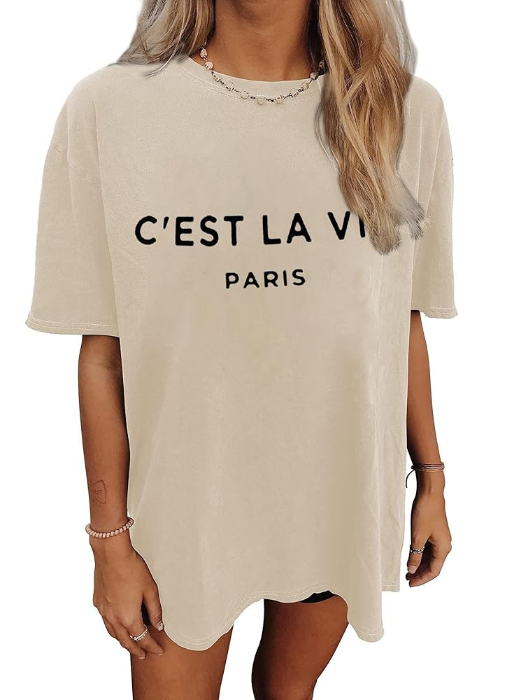 CSDAJIO Women's Casual Short Sleeve Loose Shirt Oversized T-Shirt Trendy Going Out Crew Neck Summ... | Amazon (US)