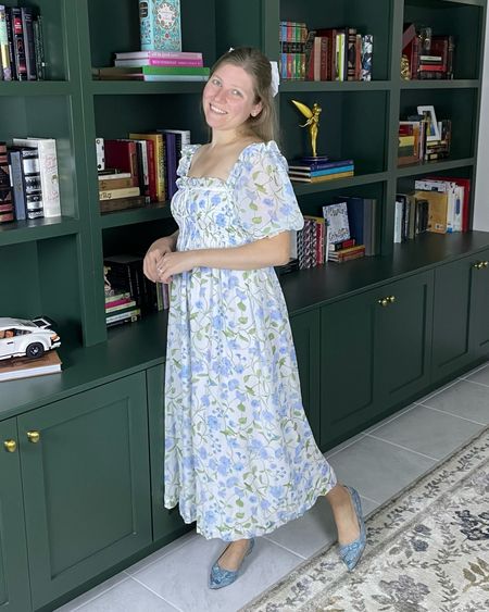 NEW Hill House Home spring 2024 collection. Blue floral midi dress with puff sleeves  