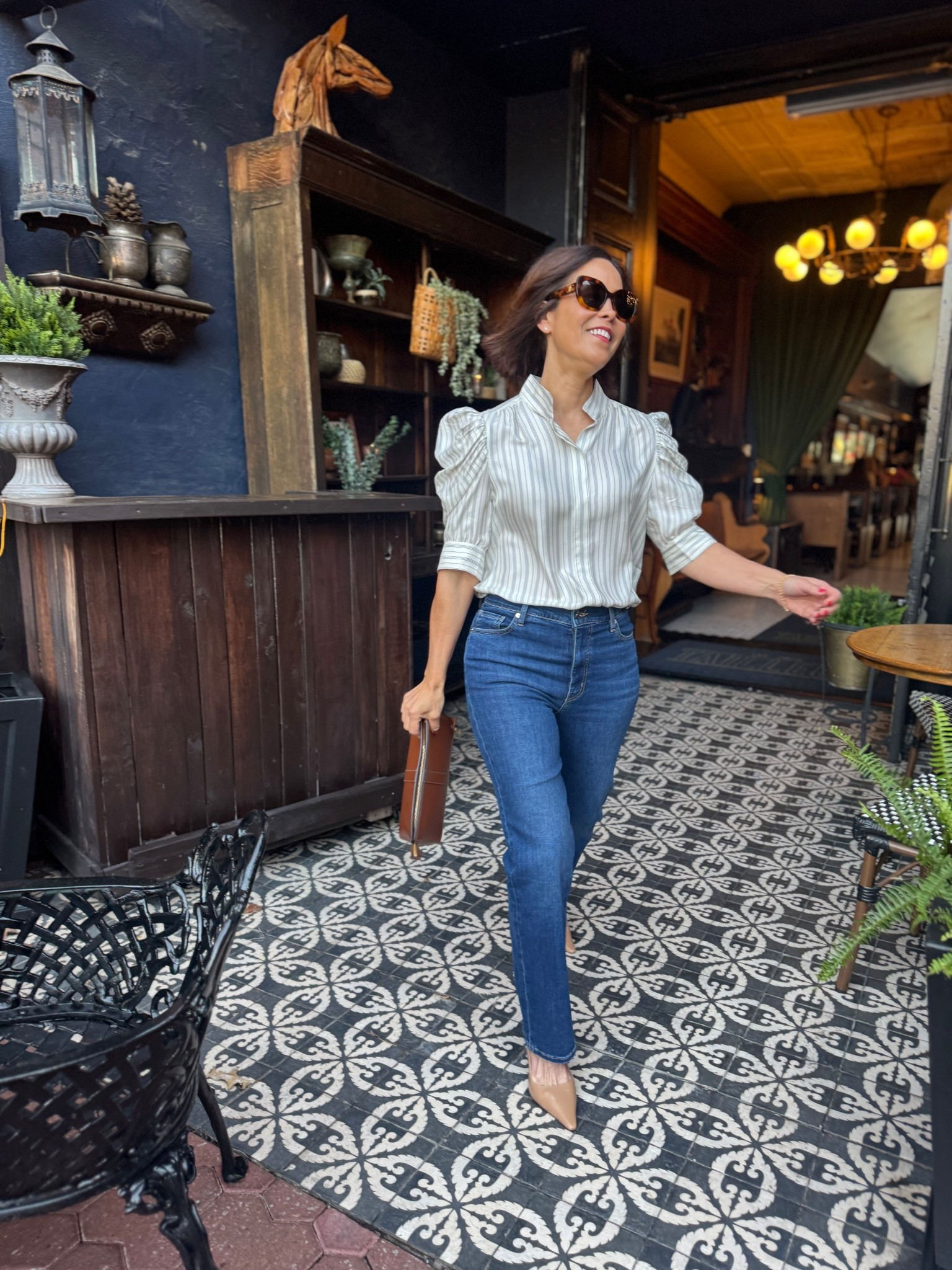 Spring Outfit 
Frame Gillian Top- size medium 
Frame straight leg denim- fits true to size 
Sam Edelman Slingback pumps- fit true to size 

#LTKOver40 #LTKStyleTip