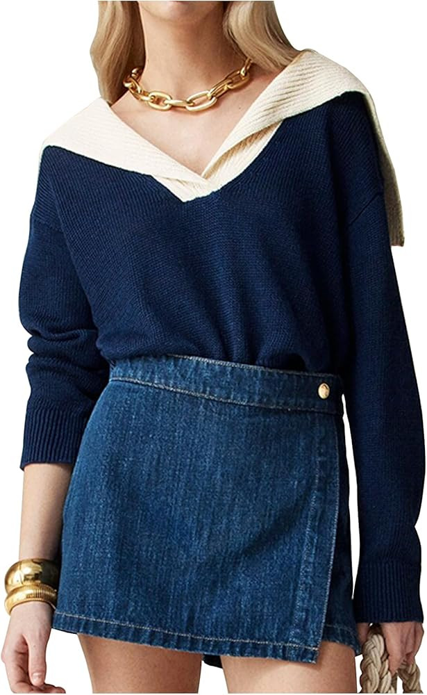 Women Sailor Collar Pullover Sweater Long Sleeves V-Neck Knitted Tops 2024 Fall Vintage Wool-Blen... | Amazon (US)