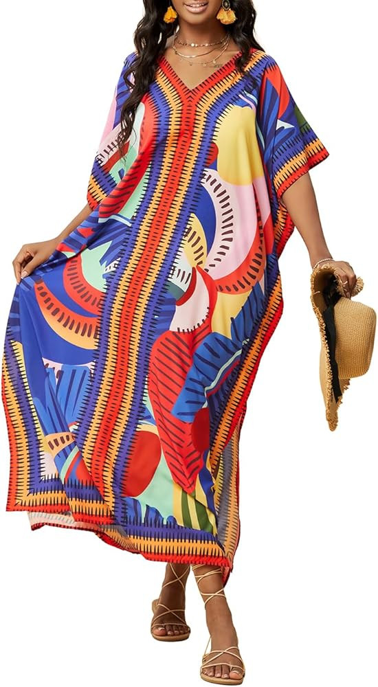 Eddoyee Women Long Print Swimwear Cover Up Sexy V Neck Side Split Beach Caftans Lounge Dresses | Amazon (US)