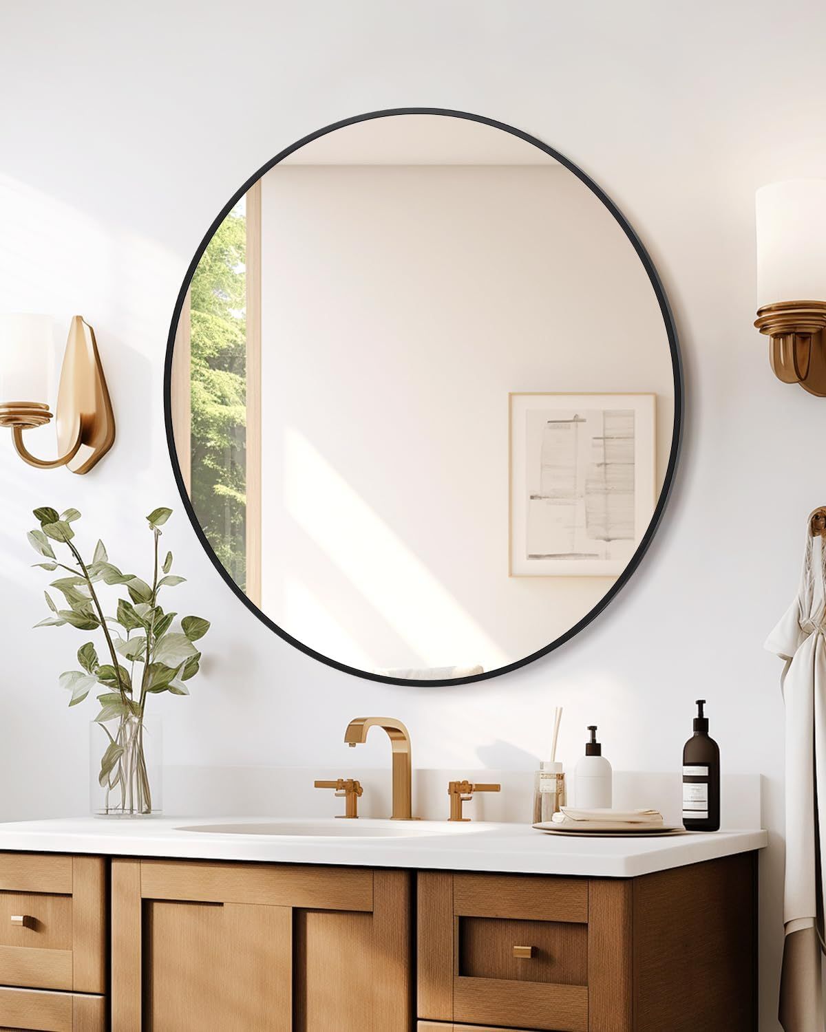 Round Mirror, 36 inch Circle Mirror, Black Metal Frame Round Mirror for Wall, Round Bathroom Mirr... | Amazon (US)