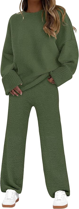 ANRABESS 2 Piece Sets for Women Fall Fuzzy Fleece Pajama Sweater Knit Top Wide Leg Pants Loungewe... | Amazon (US)