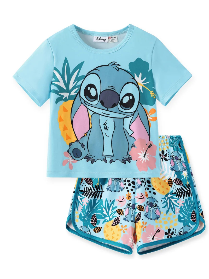 Disney Stitch Girls Graphic Tee and Dolphin Shorts 2-Piece Blue School Casual Beach Outfit Set To... | Walmart (US)